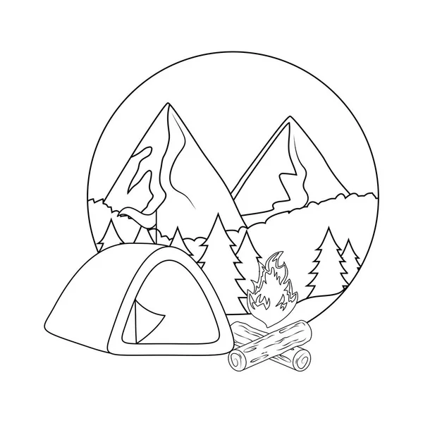 Pins arbres forêt scène avec feu de camp et tente — Image vectorielle