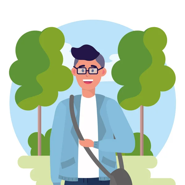 Üniversite adam gözlük ve ağaçlar çalılar ile — Stok Vektör