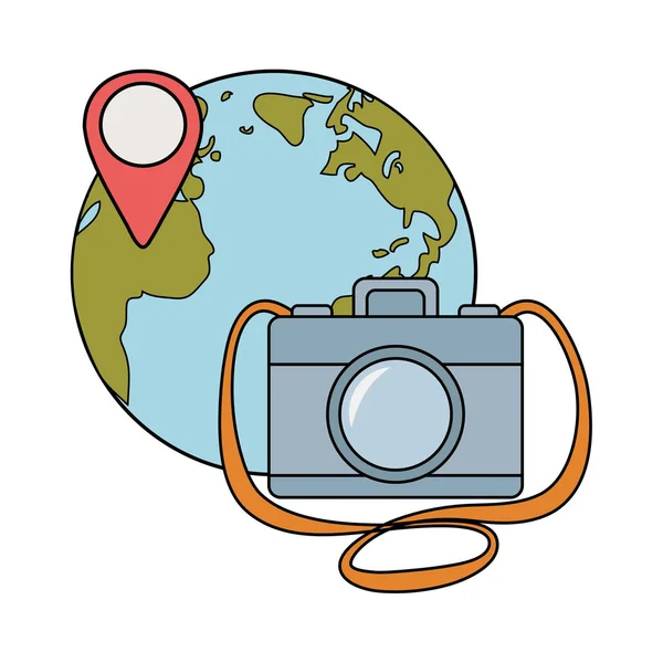 Voyage valise avec lunettes et icône de camping — Image vectorielle