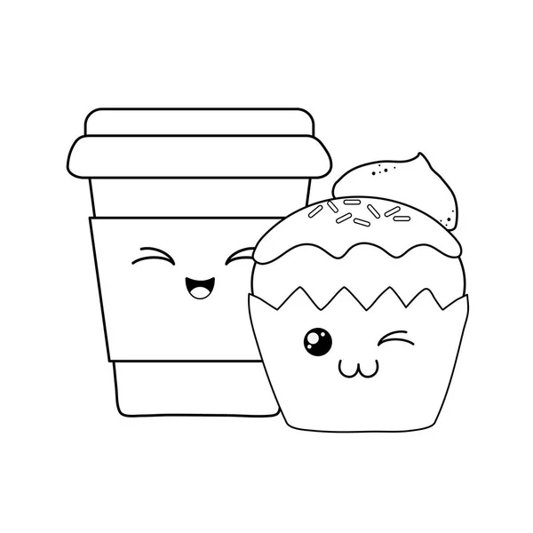 Zoete cupcake en koffie gebak kawaii tekens — Stockvector