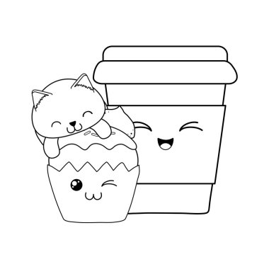 cupcake kawaii karakteri ile şirin küçük kedi