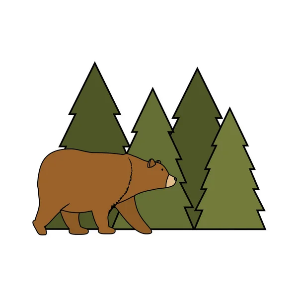 Pinheiros árvores floresta cena com urso grizzly —  Vetores de Stock