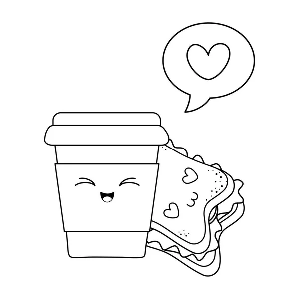 Koffie drinken met sandwich kawaii tekens — Stockvector