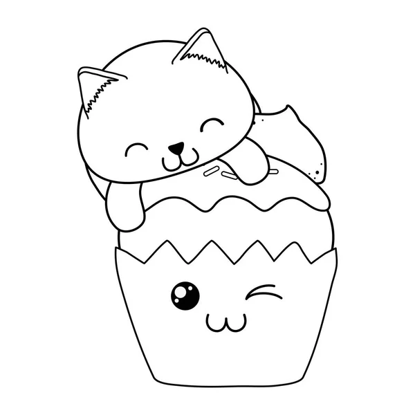 Lindo pequeño gato con cupcake kawaii carácter — Archivo Imágenes Vectoriales
