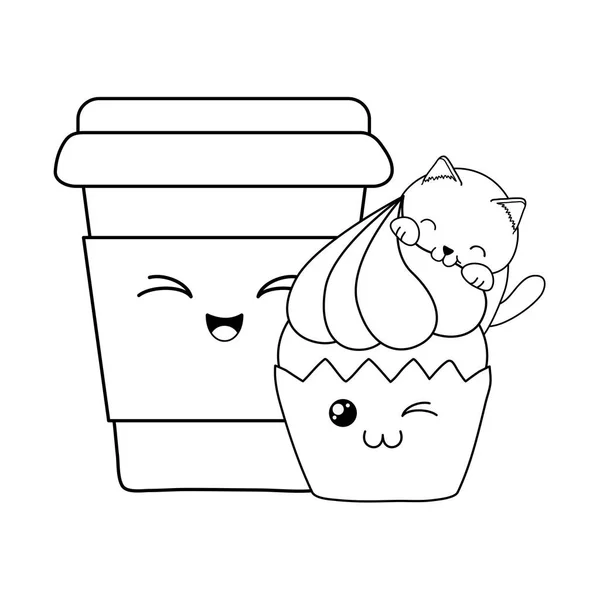 Roztomilá kočička s košíčky kawaii charakter — Stockový vektor
