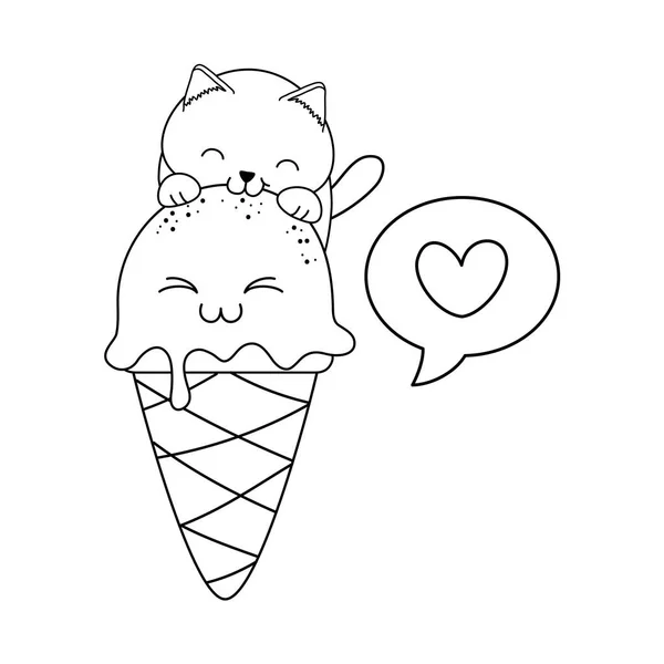 Милая маленькая кошечка с персонажем мороженого Кавайи — стоковый вектор