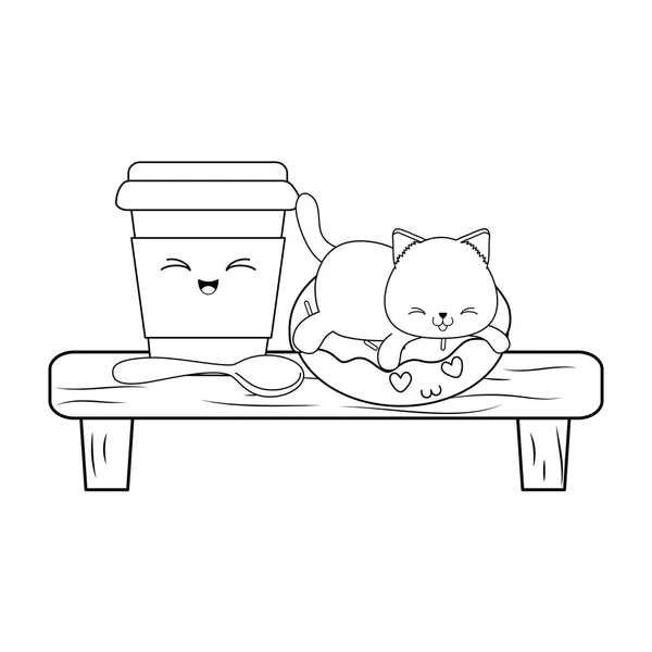 Lindo pequeño gato con café bebida kawaii carácter — Archivo Imágenes Vectoriales