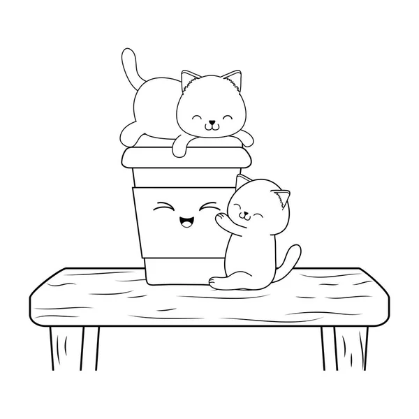 Χαριτωμένο μικρό γάτες με καφέ ποτό kawaii χαρακτήρες — Διανυσματικό Αρχείο
