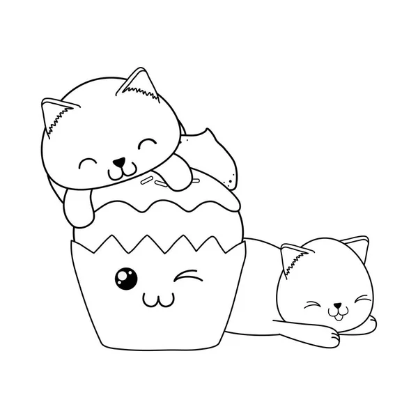Cupcake kawaii karakterlerle sevimli küçük kediler — Stok Vektör