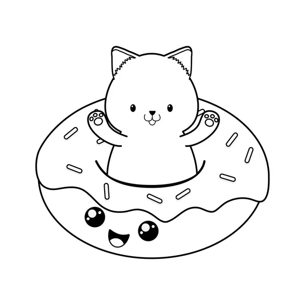Bonito pequeno gato com donuts kawaii personagem —  Vetores de Stock