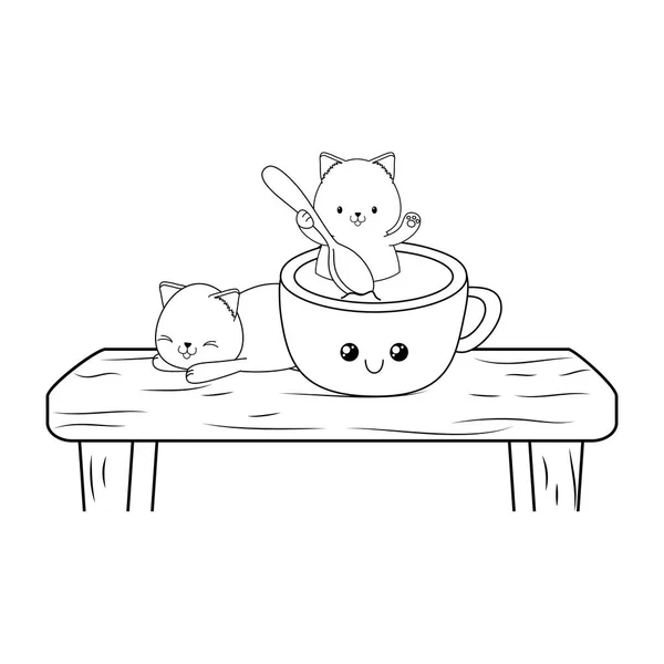 Lindo poco gatos con chocolate taza kawaii caracteres — Archivo Imágenes Vectoriales