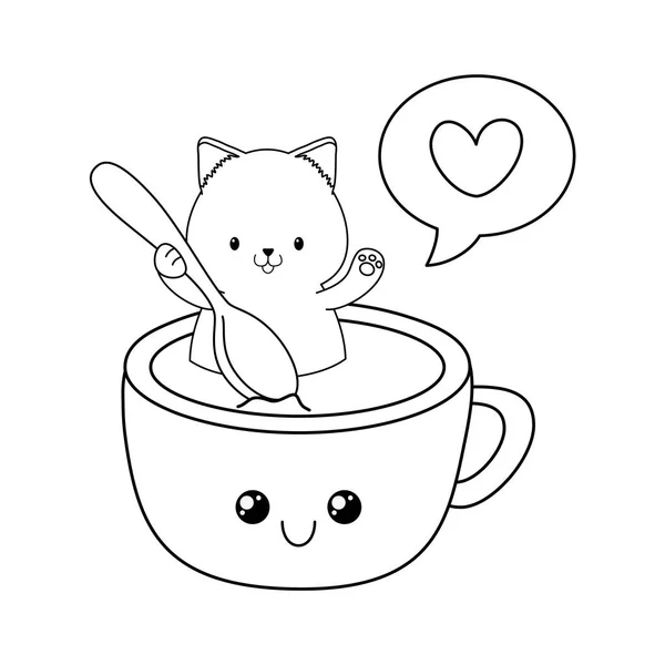Lindo pequeño gato con chocolate taza kawaii carácter — Archivo Imágenes Vectoriales