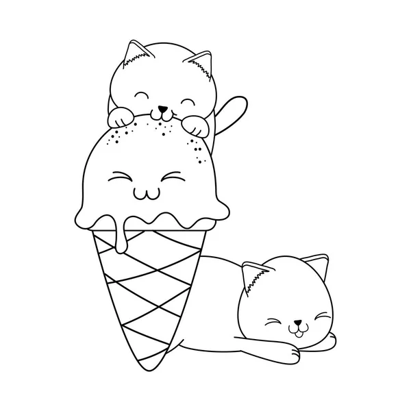 Милые маленькие кошки с мороженым и кексом кавайи — стоковый вектор