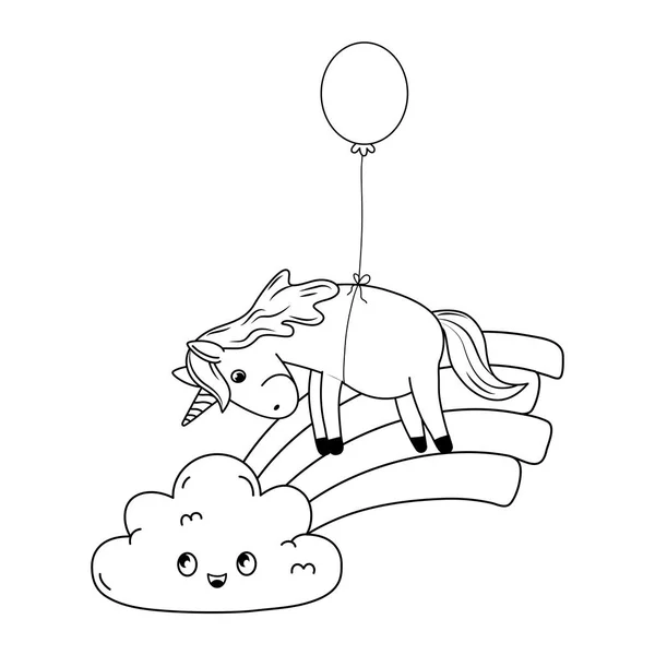 Schattig fairytale Eenhoorn met helium ballon en regenboog — Stockvector
