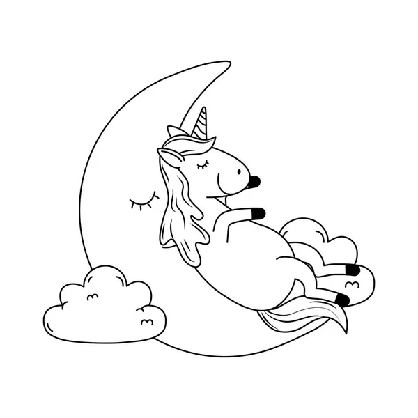 Cute fairytale unicorn relaxing in the moon — Stock Vector