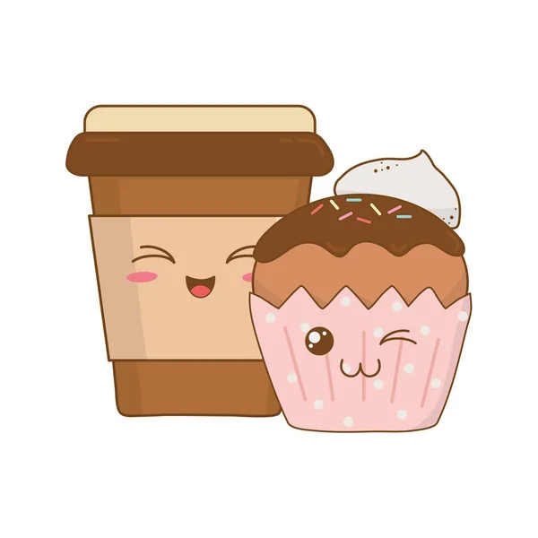 Cupcake sucré et pâtisserie au café caractères kawaii — Image vectorielle