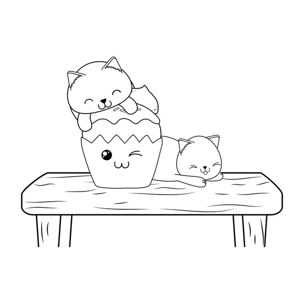 Gatinhos bonitos com personagens cupcake kawaii —  Vetores de Stock
