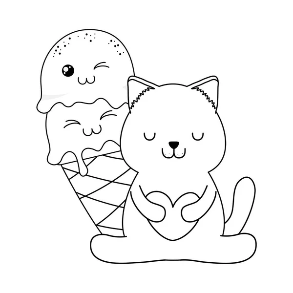 Schattige kleine kat met ijs kawaii karakter — Stockvector