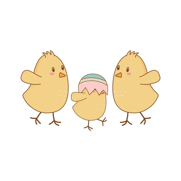 Pollitos con huevos rotos personajes de Pascua — Archivo Imágenes Vectoriales