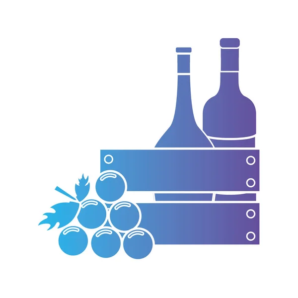 Anggur baris botol di dalam kotak kayu dan buah anggur - Stok Vektor
