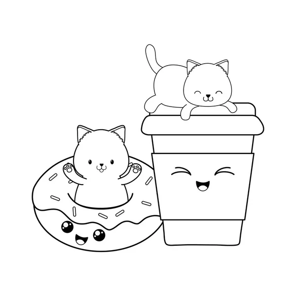 Lindo poco gatos con donuts kawaii caracteres — Vector de stock