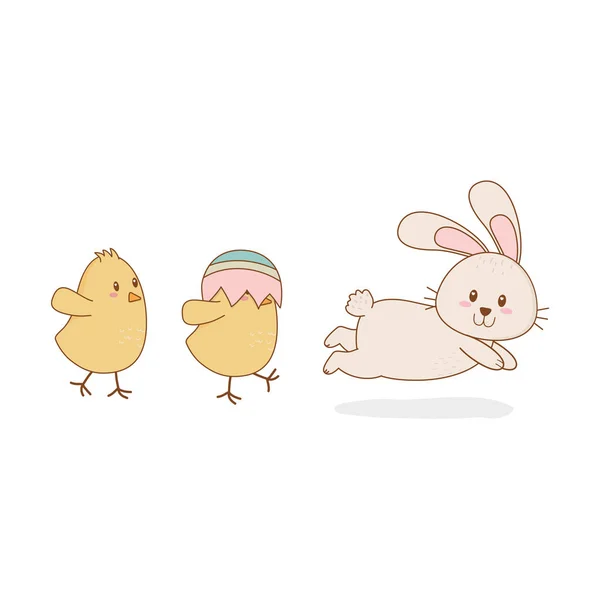 Pollitos con personajes de pascua de conejo — Vector de stock