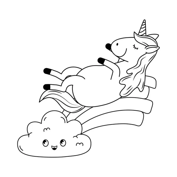 Schattig fairytale unicorn in wolken regenboog — Stockvector