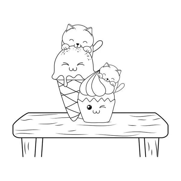 Lindo poco gatos con helado y cupcake kawaii — Vector de stock