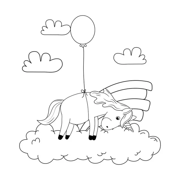 Schattig fairytale Eenhoorn met helium ballon en regenboog — Stockvector