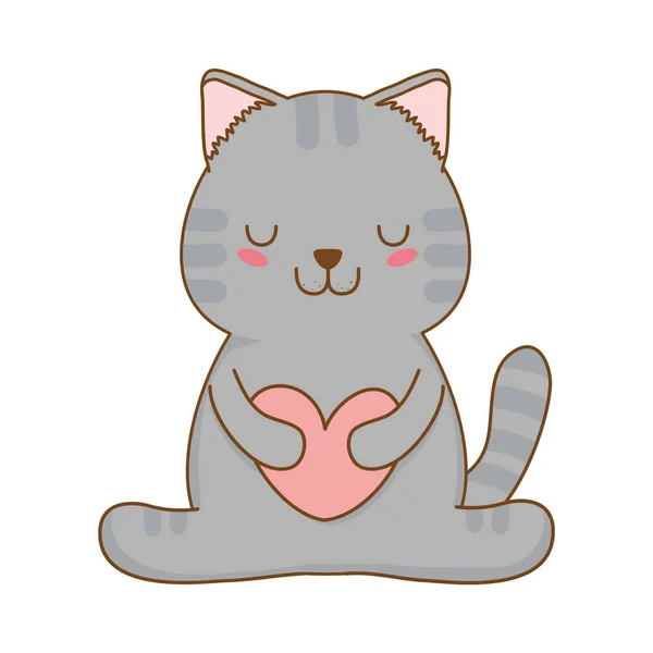 Söt liten katt med hjärtat kawaii karaktär — Stock vektor