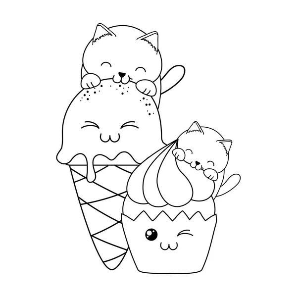 Schattige kleine katten met ijs en cupcake kawaii — Stockvector