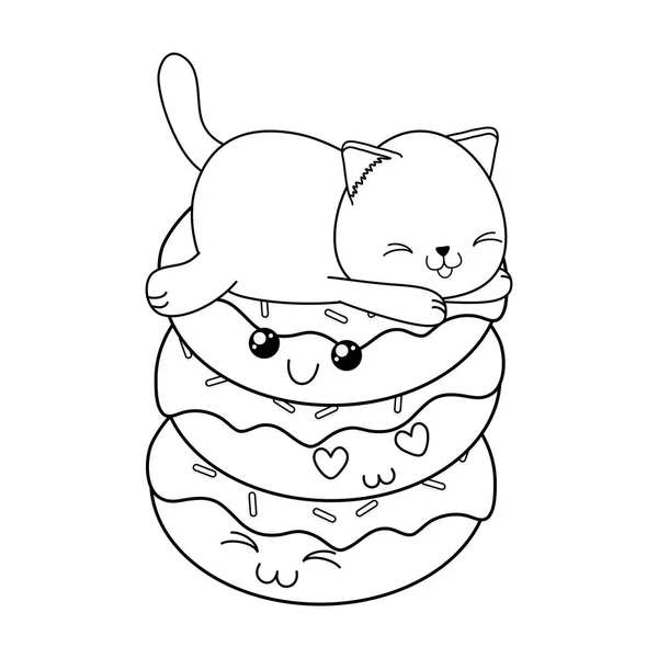 Lindo pequeño gato con donuts kawaii carácter — Archivo Imágenes Vectoriales