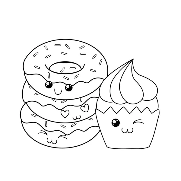 Deliziose ciambelle dolci con personaggi kawaii cupcake — Vettoriale Stock