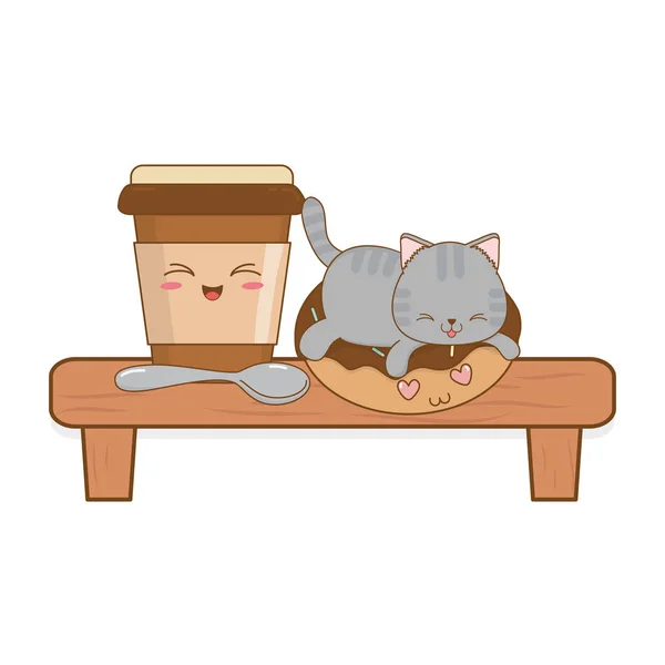 Bonito pequeno gato com café bebida kawaii personagem —  Vetores de Stock