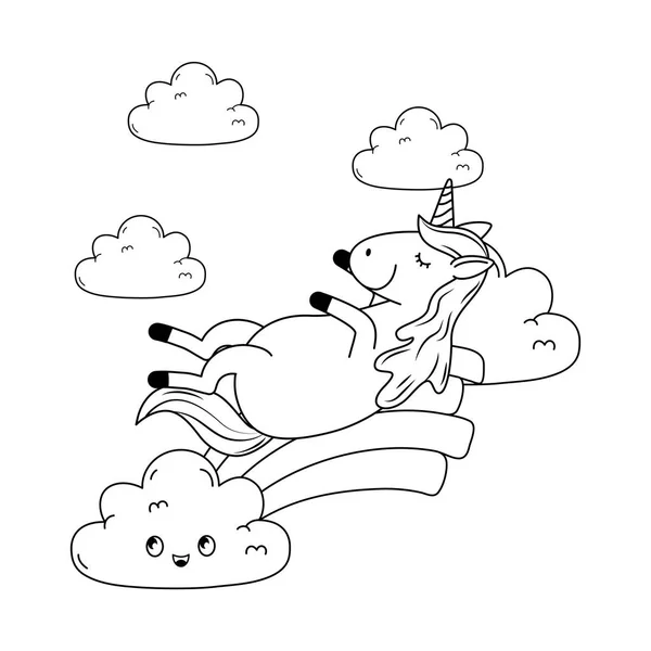 Schattig fairytale unicorn in wolken regenboog — Stockvector