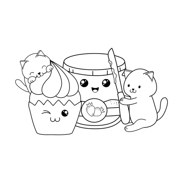 Schattige kleine katten met aardbeienjam kawaii tekens — Stockvector