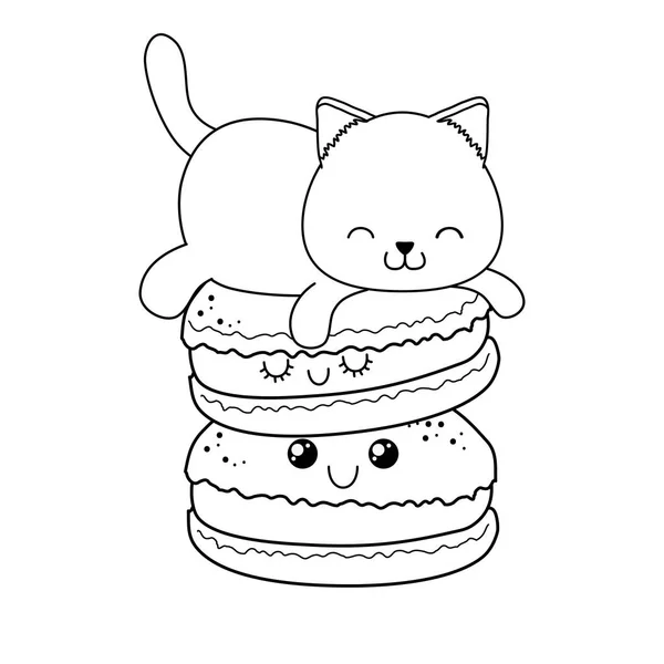 Lindo pequeño gato con galletas kawaii carácter — Archivo Imágenes Vectoriales