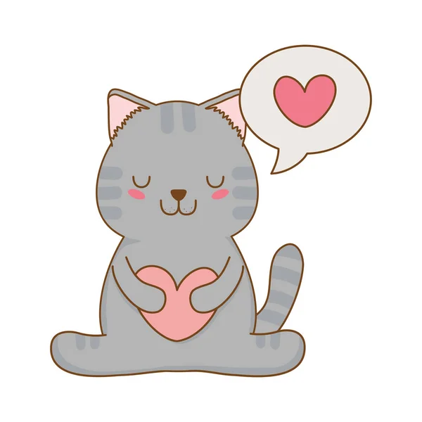 Bonito pequeno gato com coração kawaii personagem — Vetor de Stock