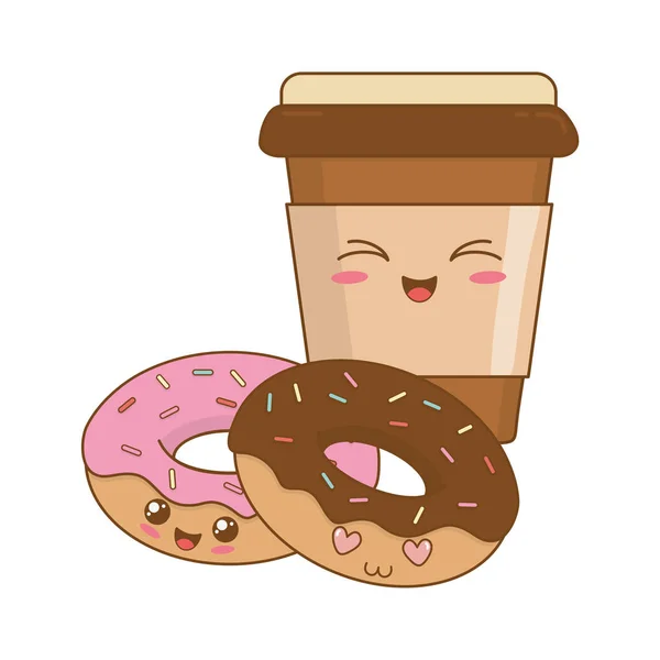 Délicieux beignets sucrés et café caractères kawaii — Image vectorielle