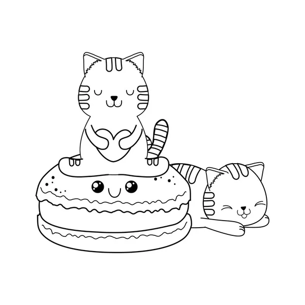 Schattige kleine katten met cookies kawaii tekens — Stockvector