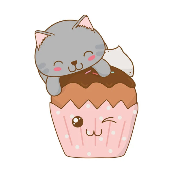 Lindo pequeño gato con cupcake kawaii carácter — Archivo Imágenes Vectoriales