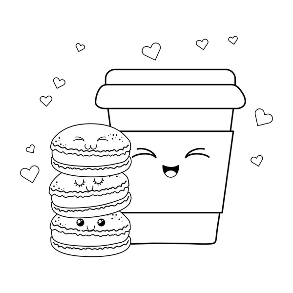 Zoete cookie met koffie gebak kawaii tekens — Stockvector