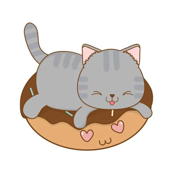 Lindo pequeño gato con donuts kawaii carácter — Archivo Imágenes Vectoriales