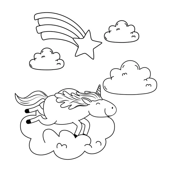 Söta saga unicorn i moln med regnbåge — Stock vektor
