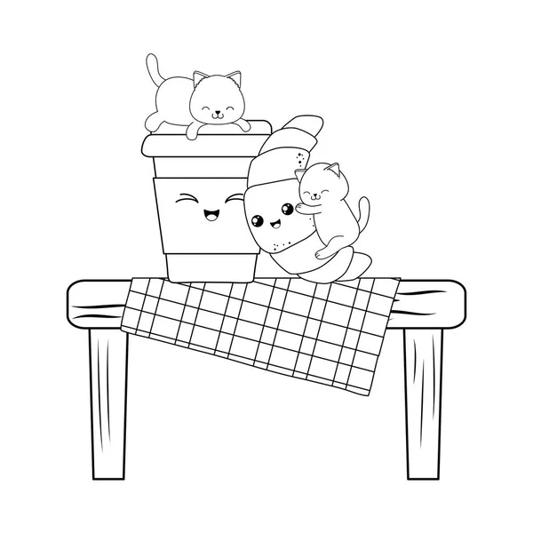 Kruvasan kawaii karakterlerle sevimli küçük kediler — Stok Vektör