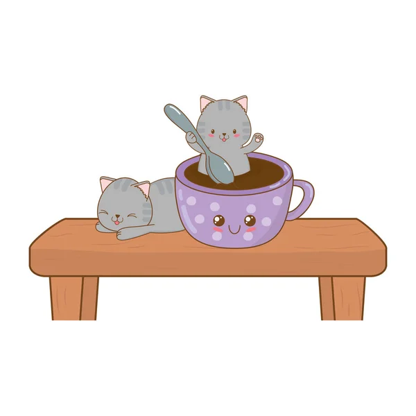 Lindo poco gatos con chocolate taza kawaii caracteres — Archivo Imágenes Vectoriales