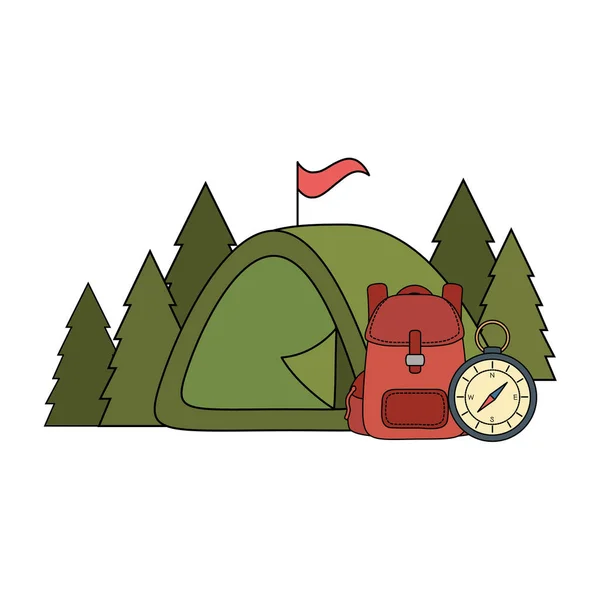 Camping tent met travelbag en kompas — Stockvector