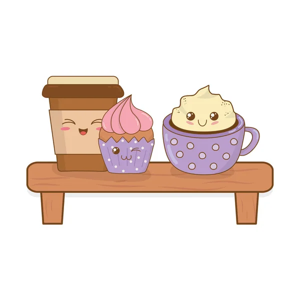 Conjunto de alimentos de panadería kawaii en el estante — Vector de stock