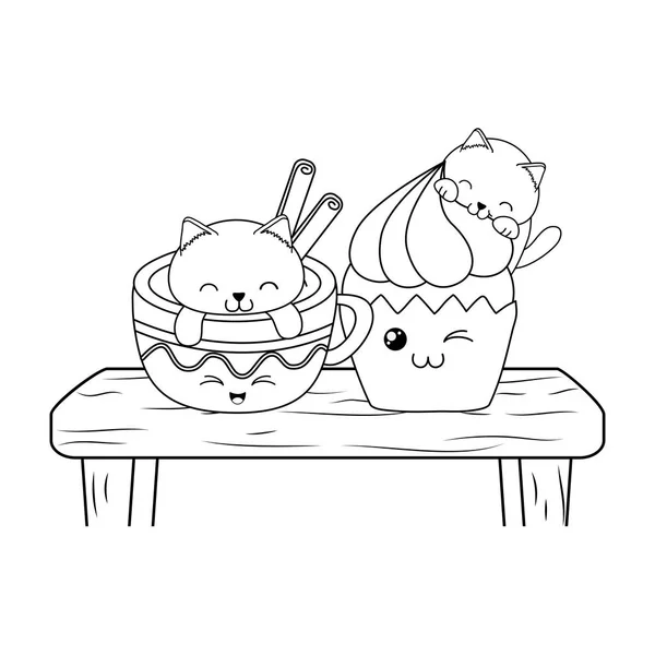 Lindo poco gatos con cupcake kawaii caracteres — Vector de stock