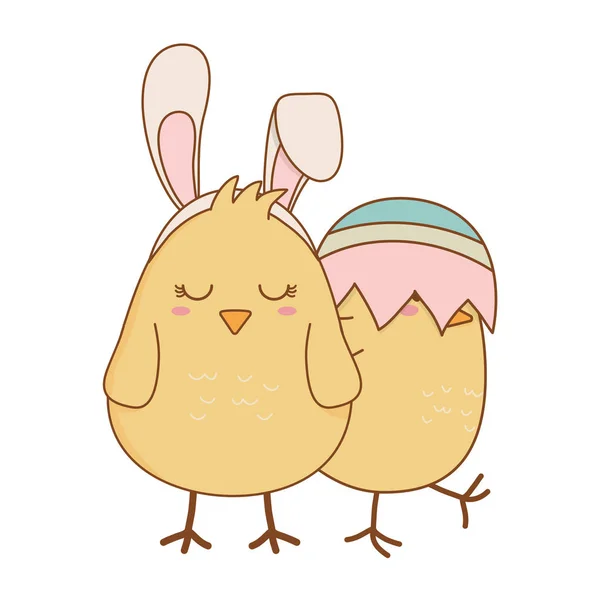 Pollitos con huevos rotos personajes de Pascua — Vector de stock